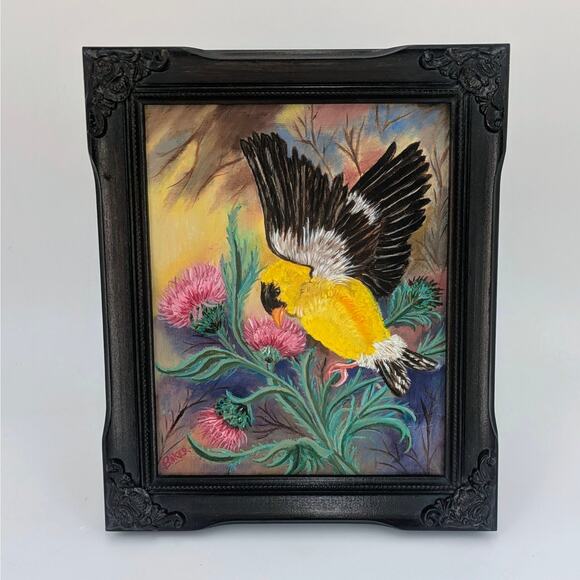 Goldfinch Bird Thistle Painting Framed Original Art 8x10 Canvas Signed Acrylic - Picture 6 of 11